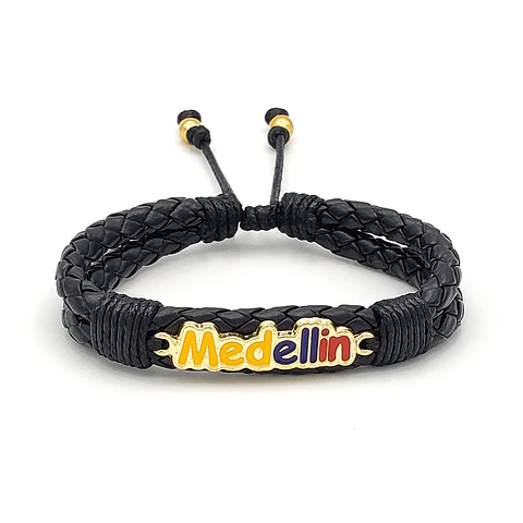 Pulsera Cuero Trenzado Dije Medellín Acero