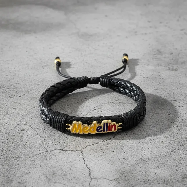 Pulsera Cuero Trenzado Dije Medellín Acero 5