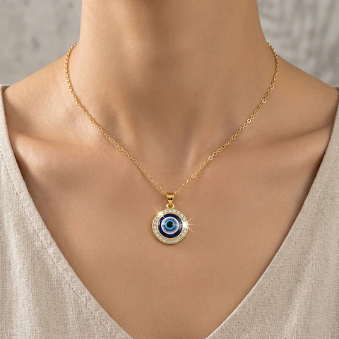 Cadena Acero Dorado con Ojo Turco Rodio y Circones