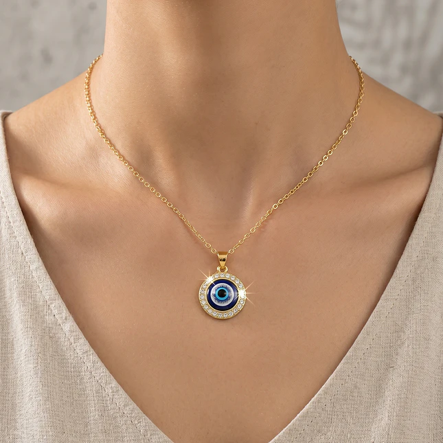 Cadena Acero Dorado con Ojo Turco Rodio y Circones 2