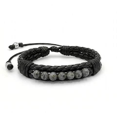 Pulsera Cuero Trenzado con Piedras Espectrolita 6mm