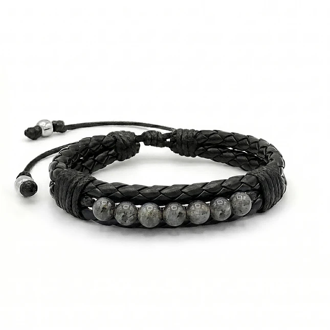 Pulsera Cuero Trenzado con Piedras Espectrolita 6mm 1