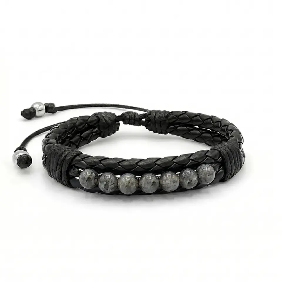 Pulsera Cuero Trenzado con Piedras Espectrolita 6mm 1