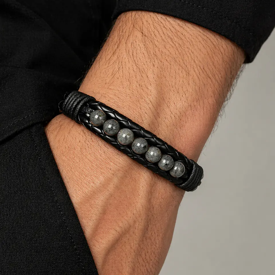 Pulsera Cuero Trenzado con Piedras Espectrolita 6mm 2