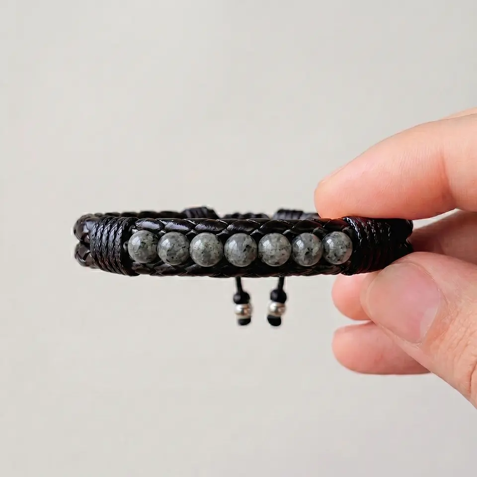 Pulsera Cuero Trenzado con Piedras Espectrolita 6mm 3