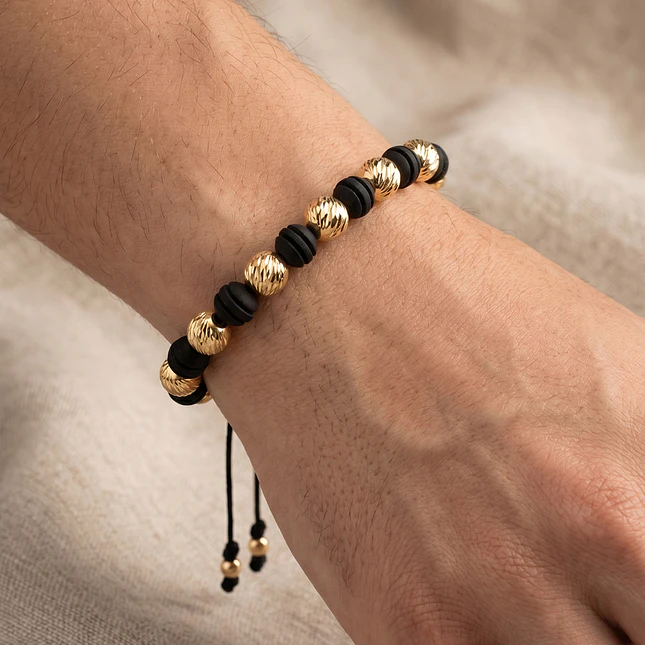 Pulsera Neopreno Negro Oro Laminado 18k Diamantado 8mm 2