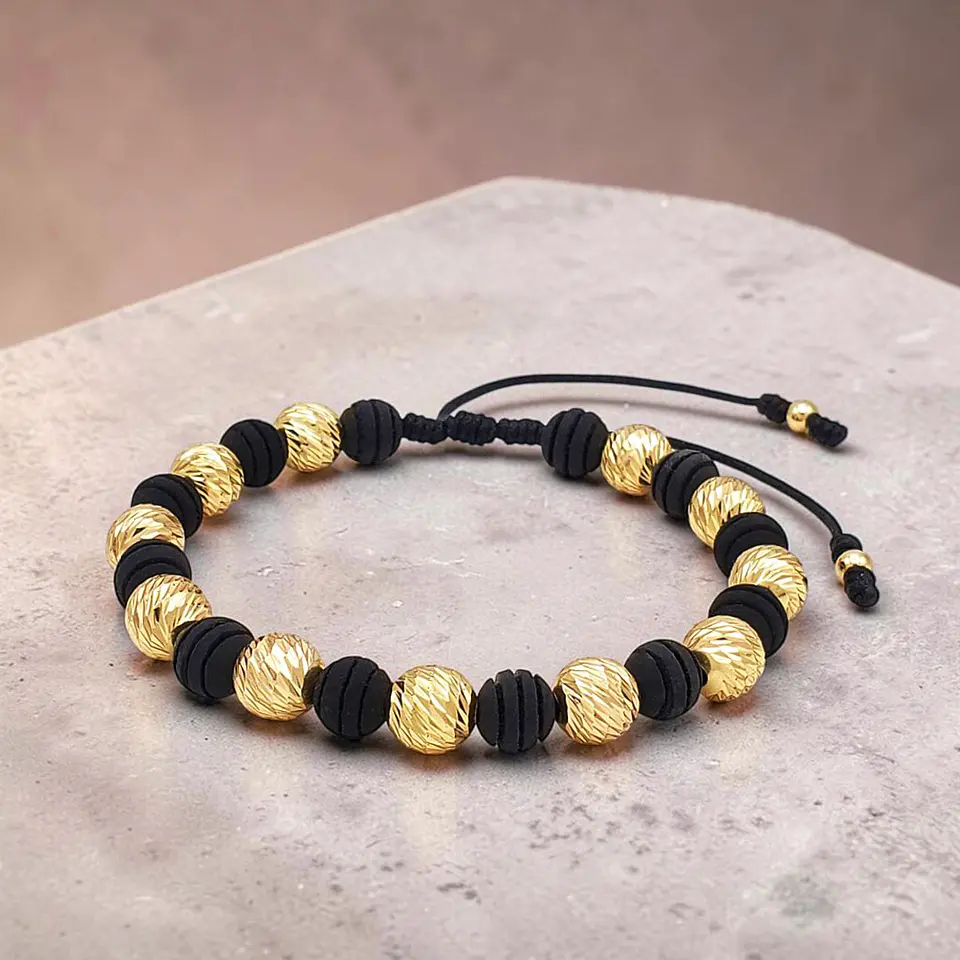 Pulsera Neopreno Negro Oro Laminado 18k Diamantado 8mm 3