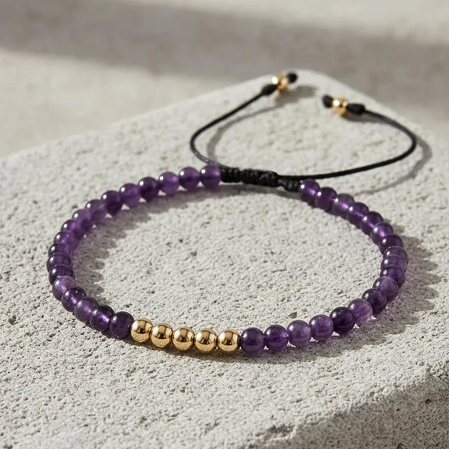 Pulsera Piedras Amatista Natural y Balines Oro Laminado 18k (4mm) 4