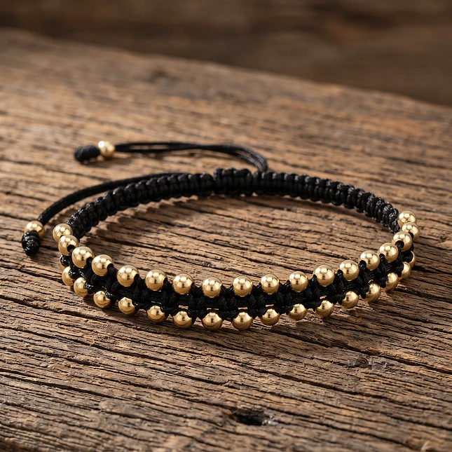 Pulsera Tejida Cordón Negro Oro Laminado 18k (4mm) 3