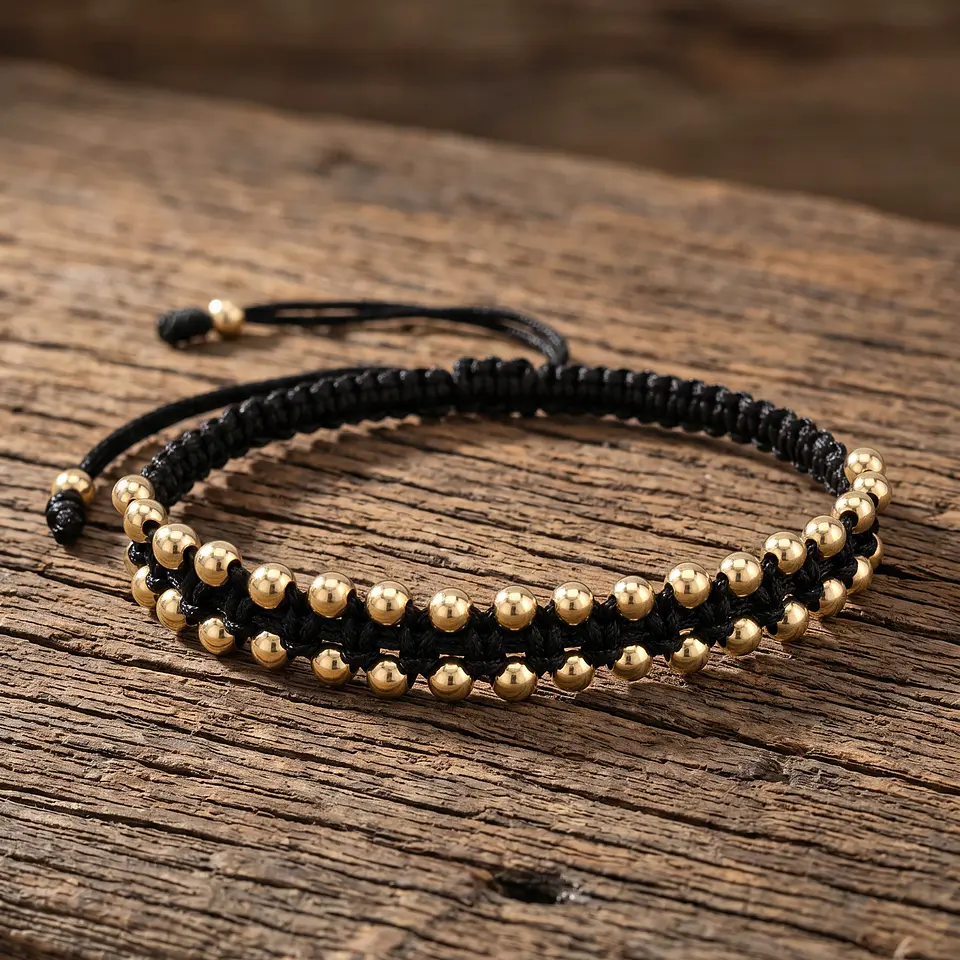 Pulsera Tejida Cordón Negro Oro Laminado 18k (4mm) 3