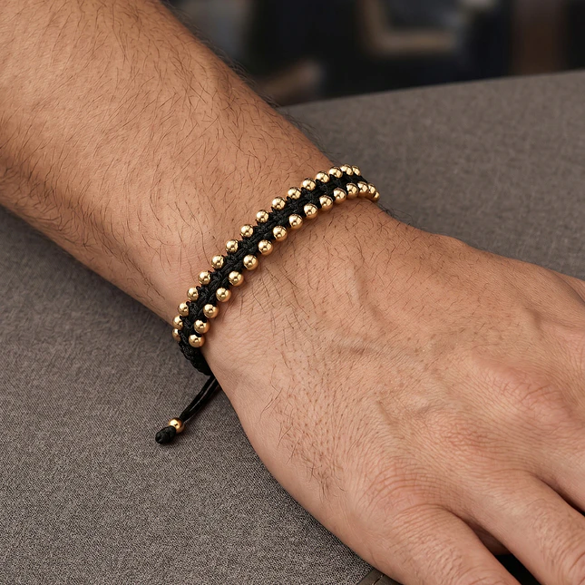 Pulsera Tejida Cordón Negro Oro Laminado 18k (4mm) 2