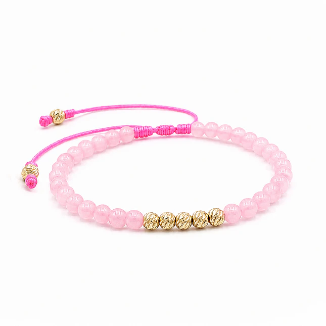 Pulsera Cuarzo Rosado Oro Laminado 18k Diamantado (4mm) 1