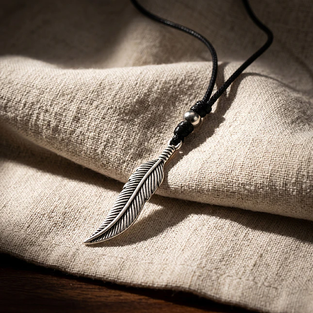 Collar Ajustable Cordón Negro con Pluma Plateada 3