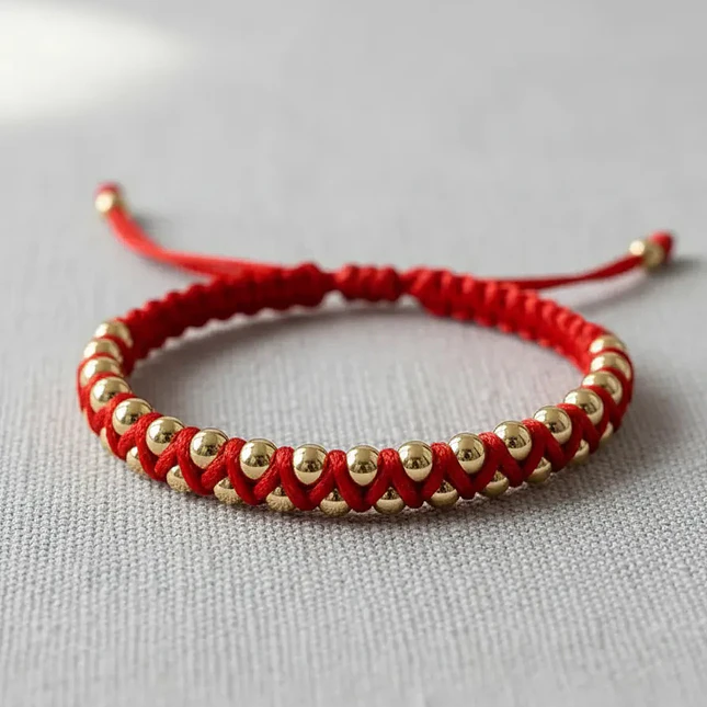 Pulsera Hilo Rojo Tejido Macramé Oro Laminado 18k 3