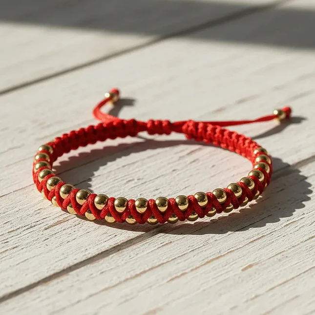 Pulsera Hilo Rojo Tejido Macramé Oro Laminado 18k 4