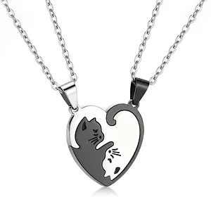 Par de Cadenas para Parejas Gatos Corazón Acero Inoxidable