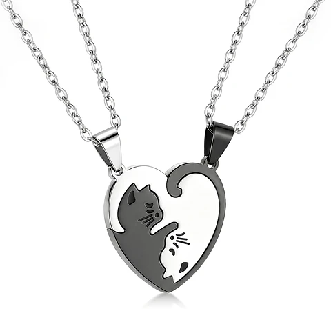 Par de Cadenas para Parejas Gatos Corazón Acero Inoxidable