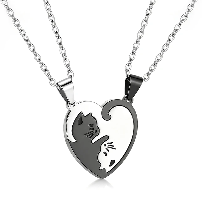 Par de Cadenas para Parejas Gatos Corazón Acero Inoxidable 1