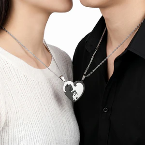 Par de Cadenas para Parejas Gatos Corazón Acero Inoxidable