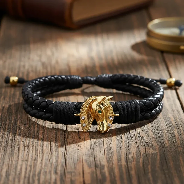Pulsera Caballo Herradura Cuero Trenzado Acero 3