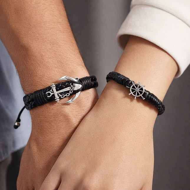 Pulseras Timón y Ancla para Parejas Cuero Trenzado  2