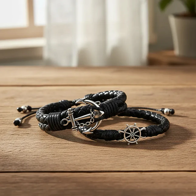 Pulseras Timón y Ancla para Parejas Cuero Trenzado  4