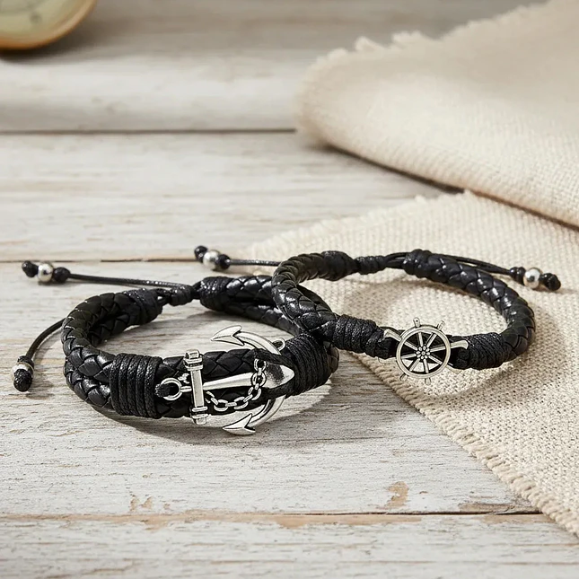 Pulseras Timón y Ancla para Parejas Cuero Trenzado  3