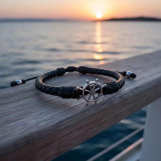 Pulsera Cuero Trenzado con Timón Plateado 4
