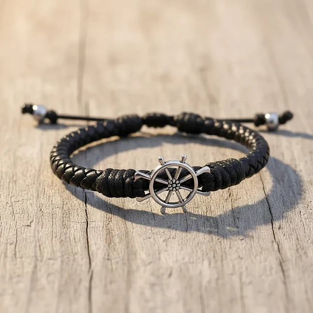 Pulsera Cuero Trenzado con Timón Plateado 3