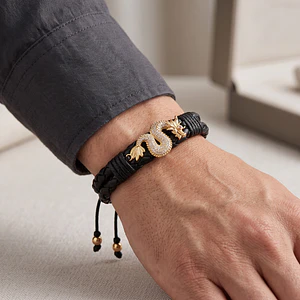 Pulsera Dragón Chino Cuero Trenzado Acero