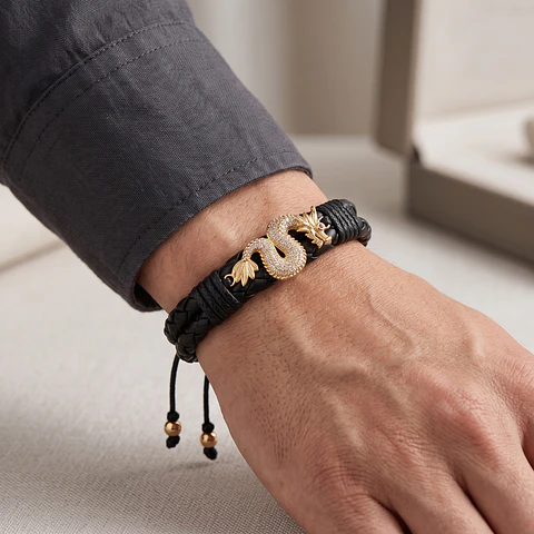 Pulsera Dragón Chino Cuero Trenzado Acero