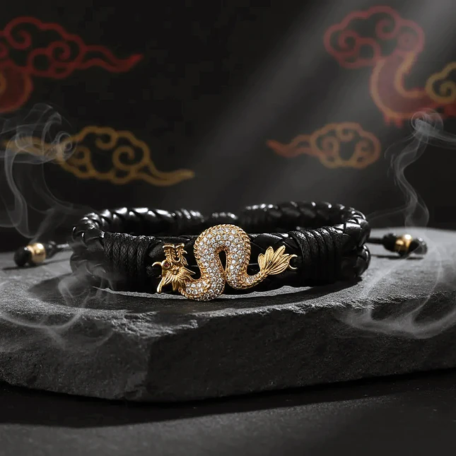 Pulsera Dragón Chino Cuero Trenzado Acero 4