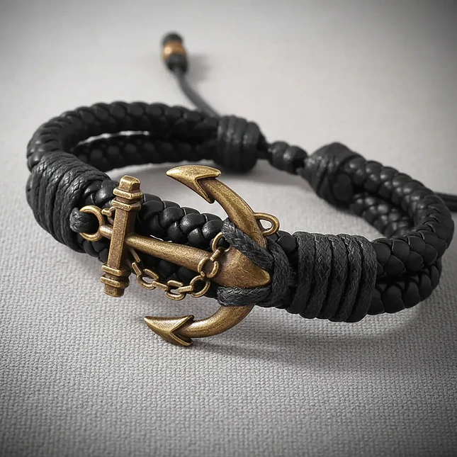 Pulsera Cuero Trenzado Negro Ancla Zamak Marinera 3