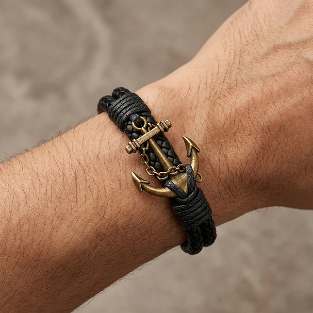 Pulsera Cuero Trenzado Negro Ancla Zamak Marinera 5