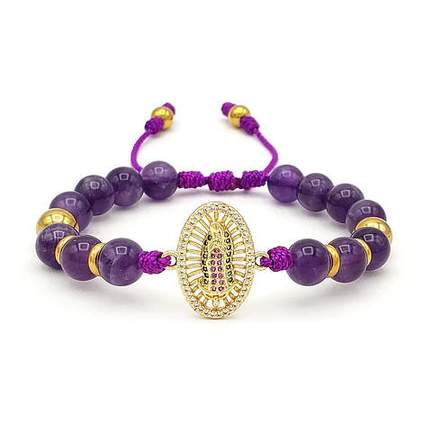 Pulsera Virgen Guadalupe Piedra Amatista Acero y Rodio