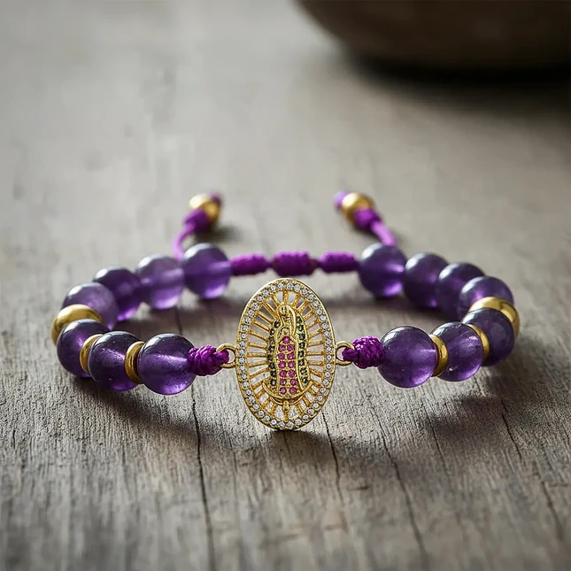 Pulsera Virgen Guadalupe Piedra Amatista Acero y Rodio 2