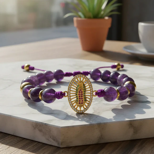 Pulsera Virgen Guadalupe Piedra Amatista Acero y Rodio 3