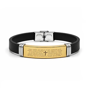 Pulsera Placa Cruz Padrenuestro Neopreno Acero Inoxidable
