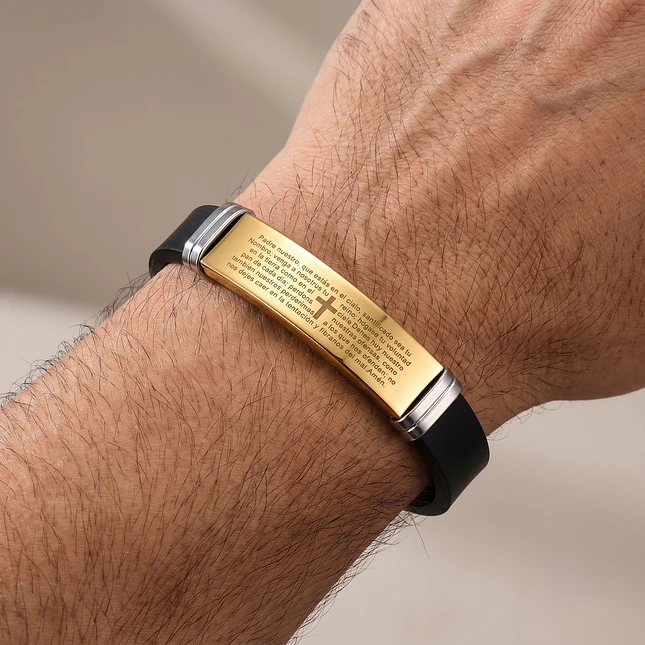 Pulsera Placa Cruz Padrenuestro Neopreno Acero Inoxidable 2