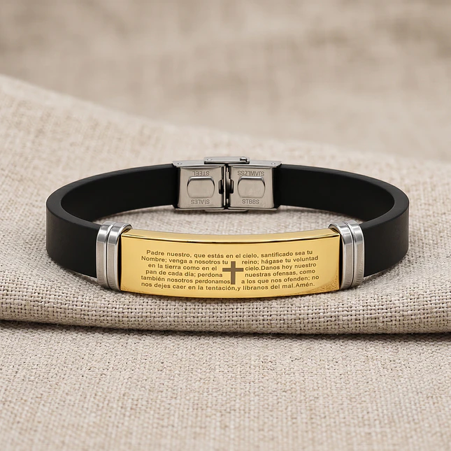 Pulsera Placa Cruz Padrenuestro Neopreno Acero Inoxidable 3