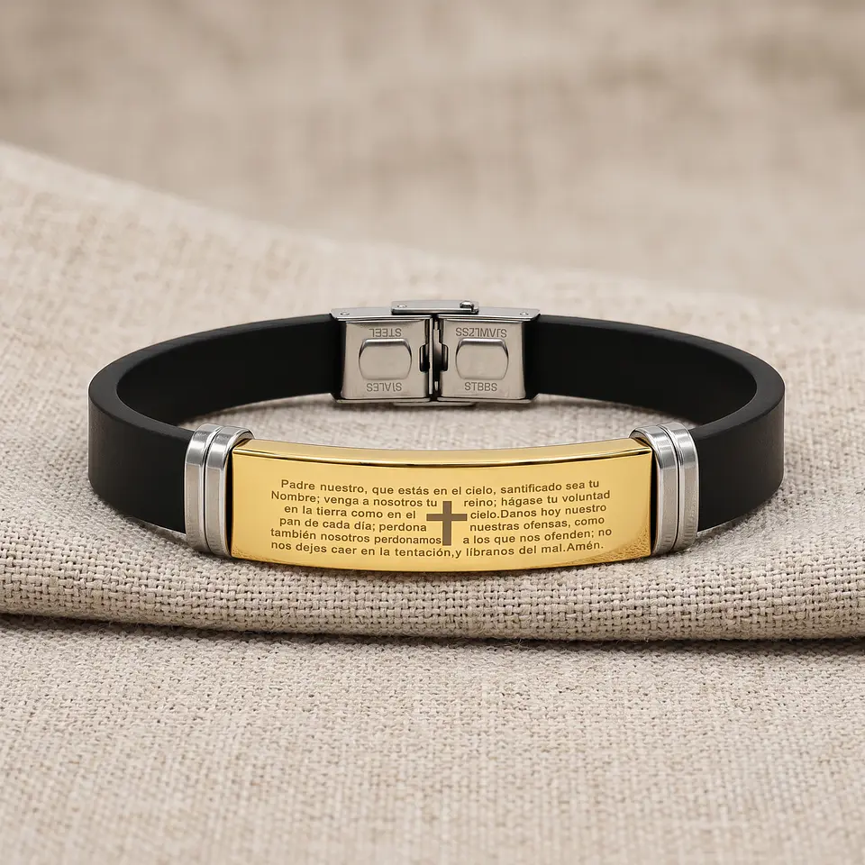 Pulsera Placa Cruz Padrenuestro Neopreno Acero Inoxidable 3