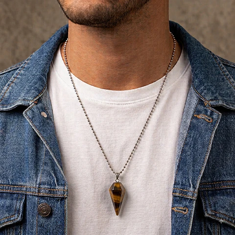 Collar Péndulo Piedra Ojo de Tigre con Cadena Acero