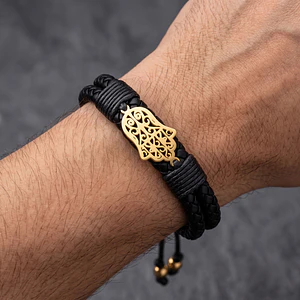 Pulsera Hamsa Mano de Fátima Cuero Trenzado Acero