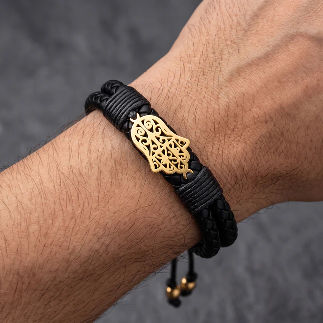 Pulsera Hamsa Mano de Fátima Cuero Trenzado Acero 2