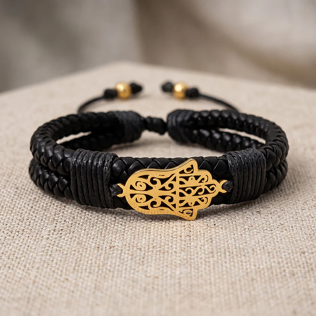 Pulsera Hamsa Mano de Fátima Cuero Trenzado Acero 3