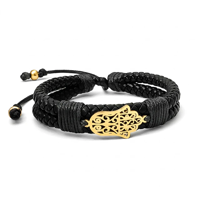 Pulsera Hamsa Mano de Fátima Cuero Trenzado Acero 1