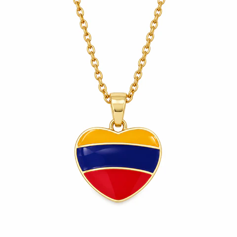 Collar Corazón Colombia Cadena Acero Dorado y Rodio
