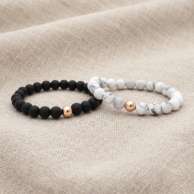 Pulseras Para Parejas Onix Mate Howlita Oro Laminado 18k  3