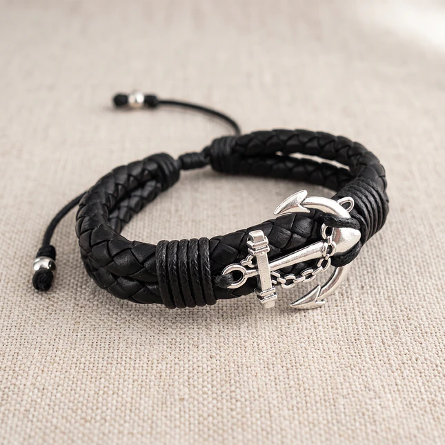 Pulsera Ancla con Cuero Trenzado 3