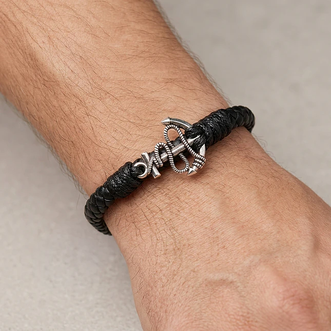Pulsera Ancla con Cuero Trenzado 2